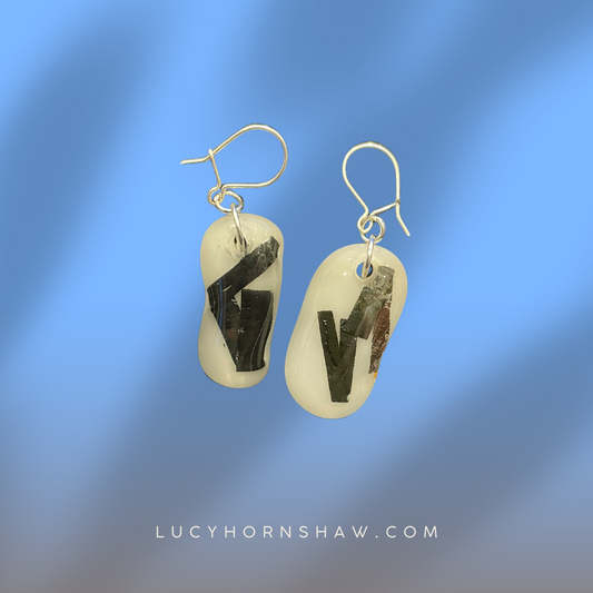 Fused white & copper glass oblong earrings