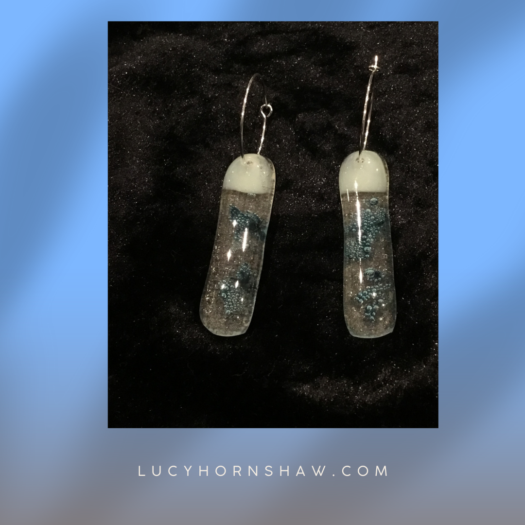 Fused white & blue glass oblong earrings on hoop