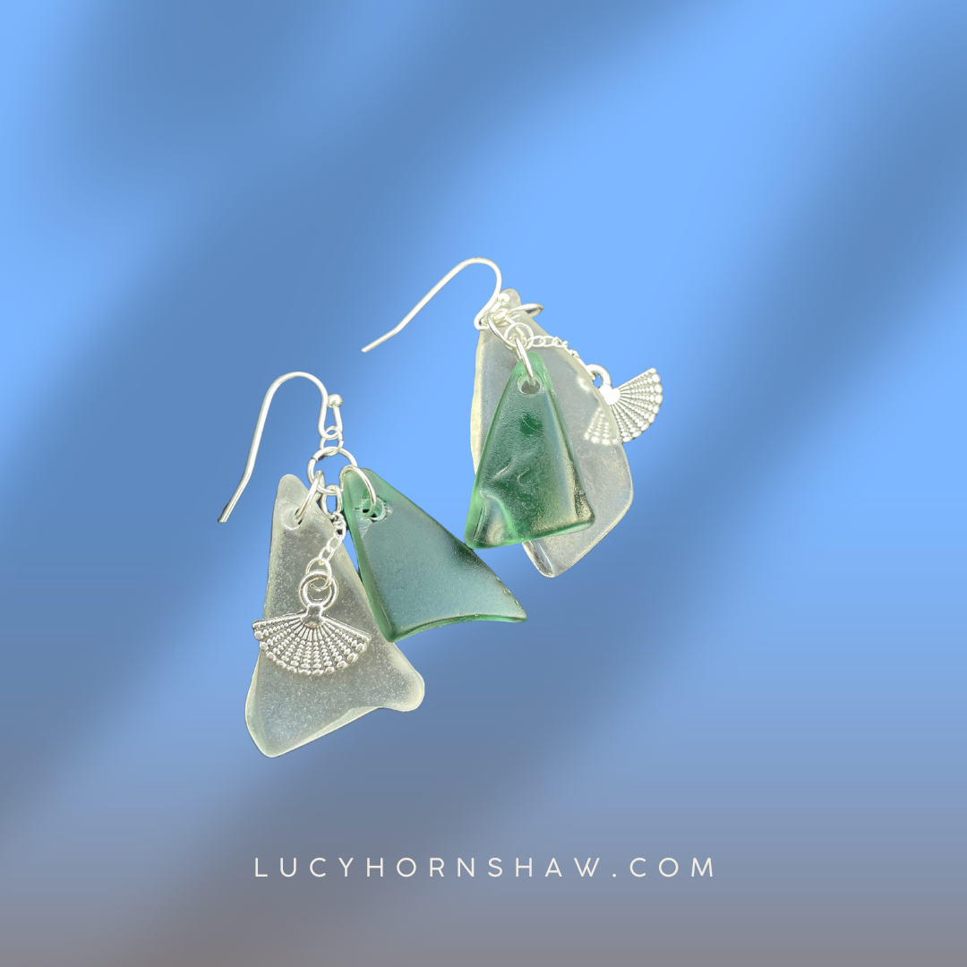 Green & white Seaglass drop earrings with shell