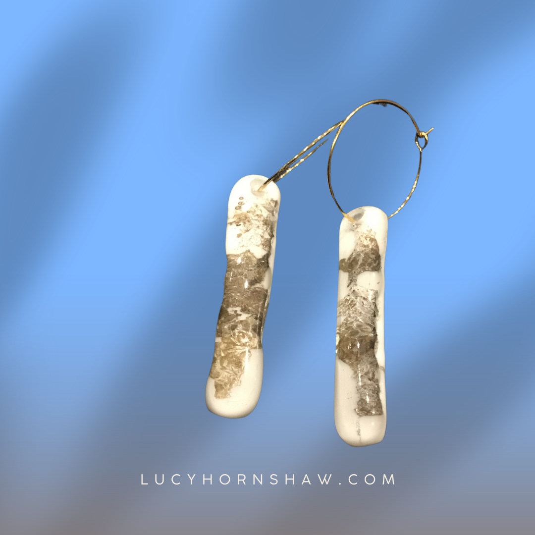 Fused white & copper glass oblong earrings on hoop