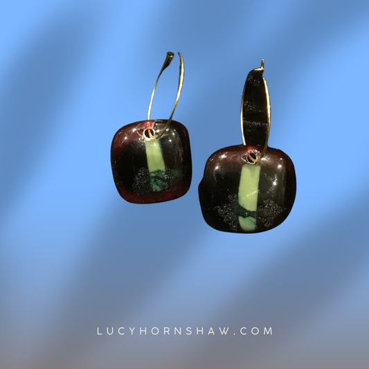Fused green & red glass oblong earrings