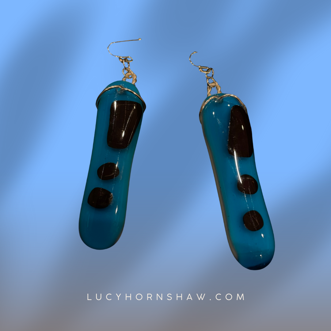 Fused turquoise & black glass oblong earrings