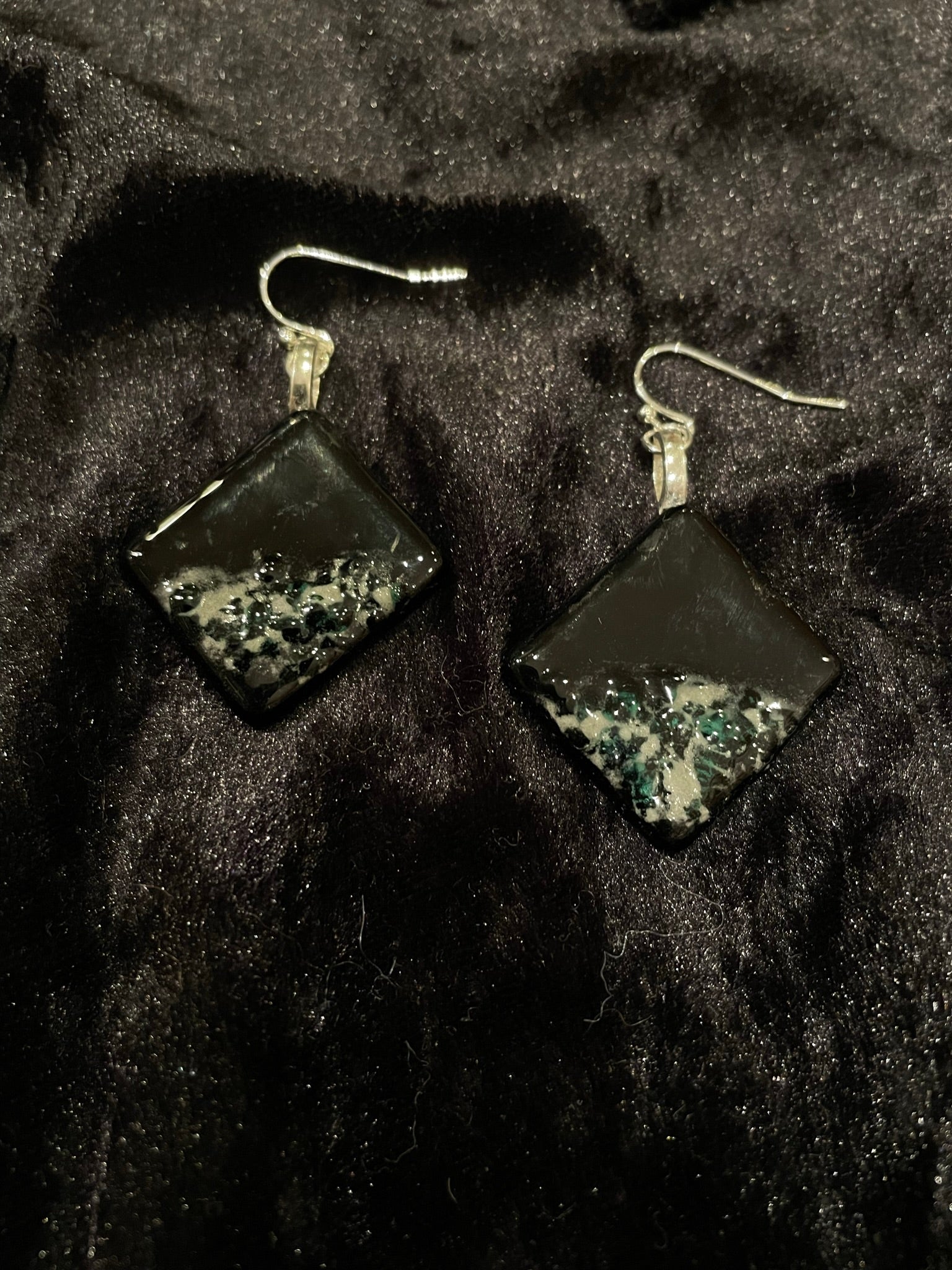 Rhombus shaped green and white fused glass earrings