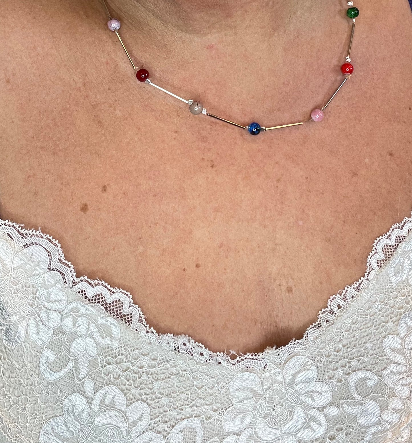 Wire & multi coloured bead necklace