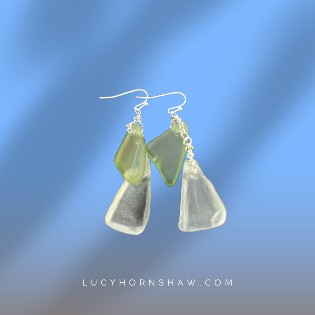 Green & white Seaglass earrings