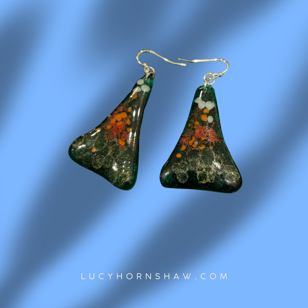 Fused green, orange & white glass triangle earrings