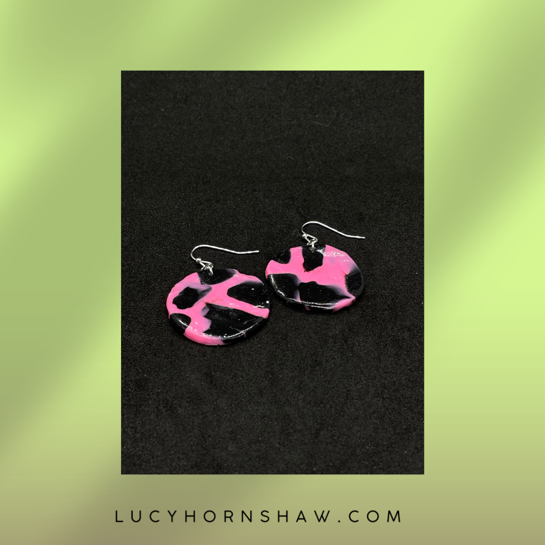 Pink & black disc Polymer clay earrings