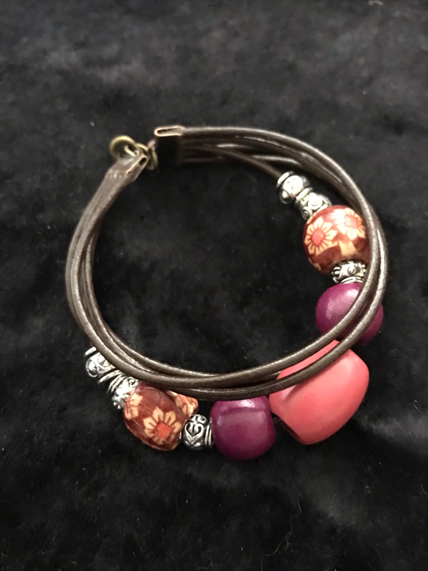Leather & pink bead bracelet