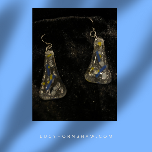 Fused clear, white & yellow glass triangle earrings