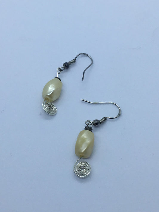 Wire & cream bead earrings with silver wire detail