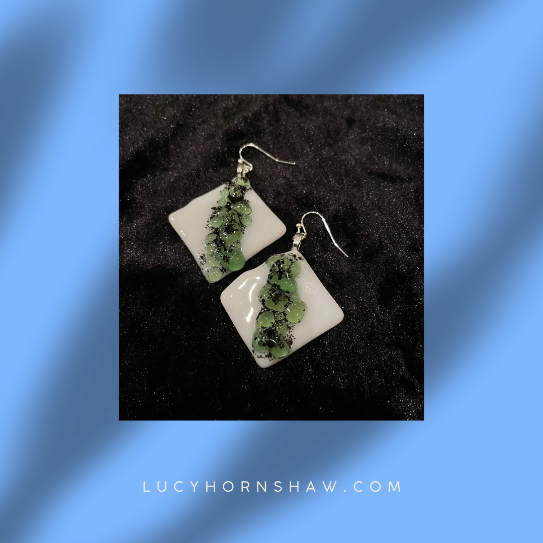 Fused white, green & black glass rhombus earrings