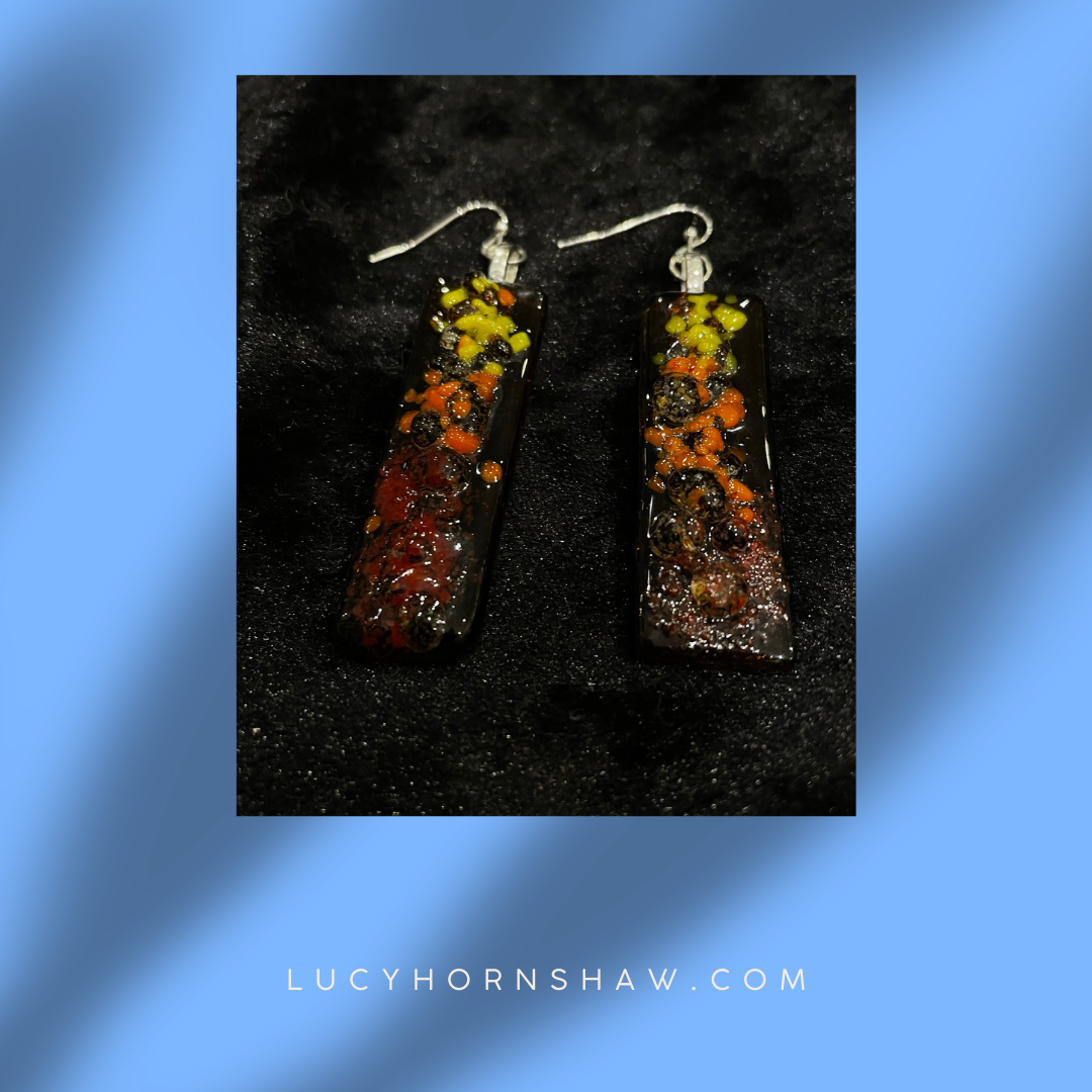 Fused clear & orange glass oblong earrings