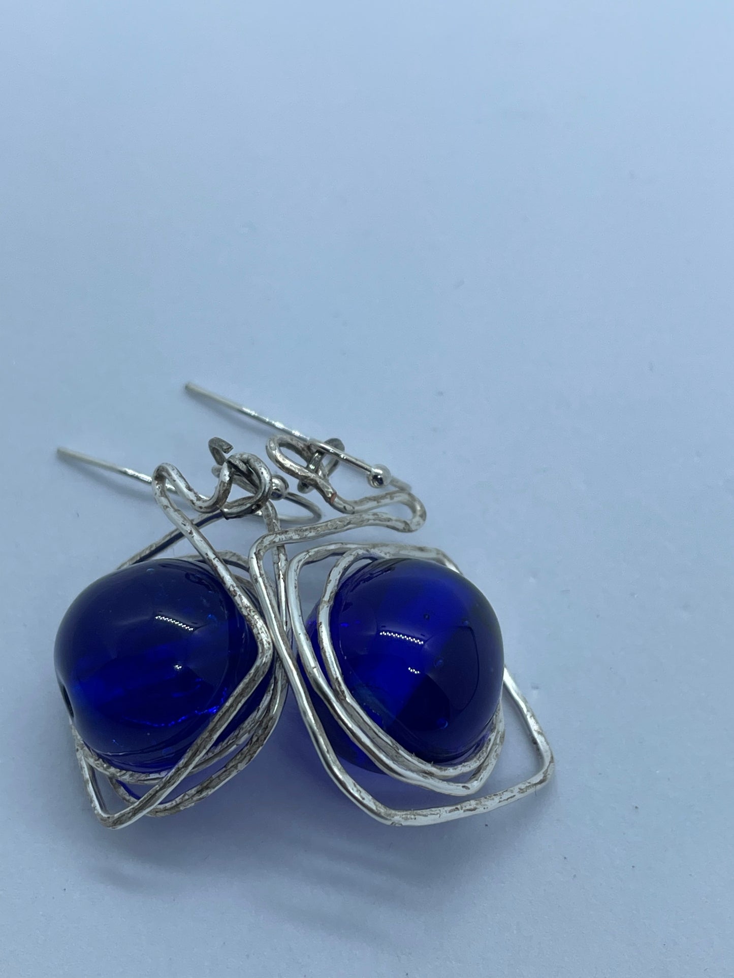 Wire & blue bead earrings with silver wire