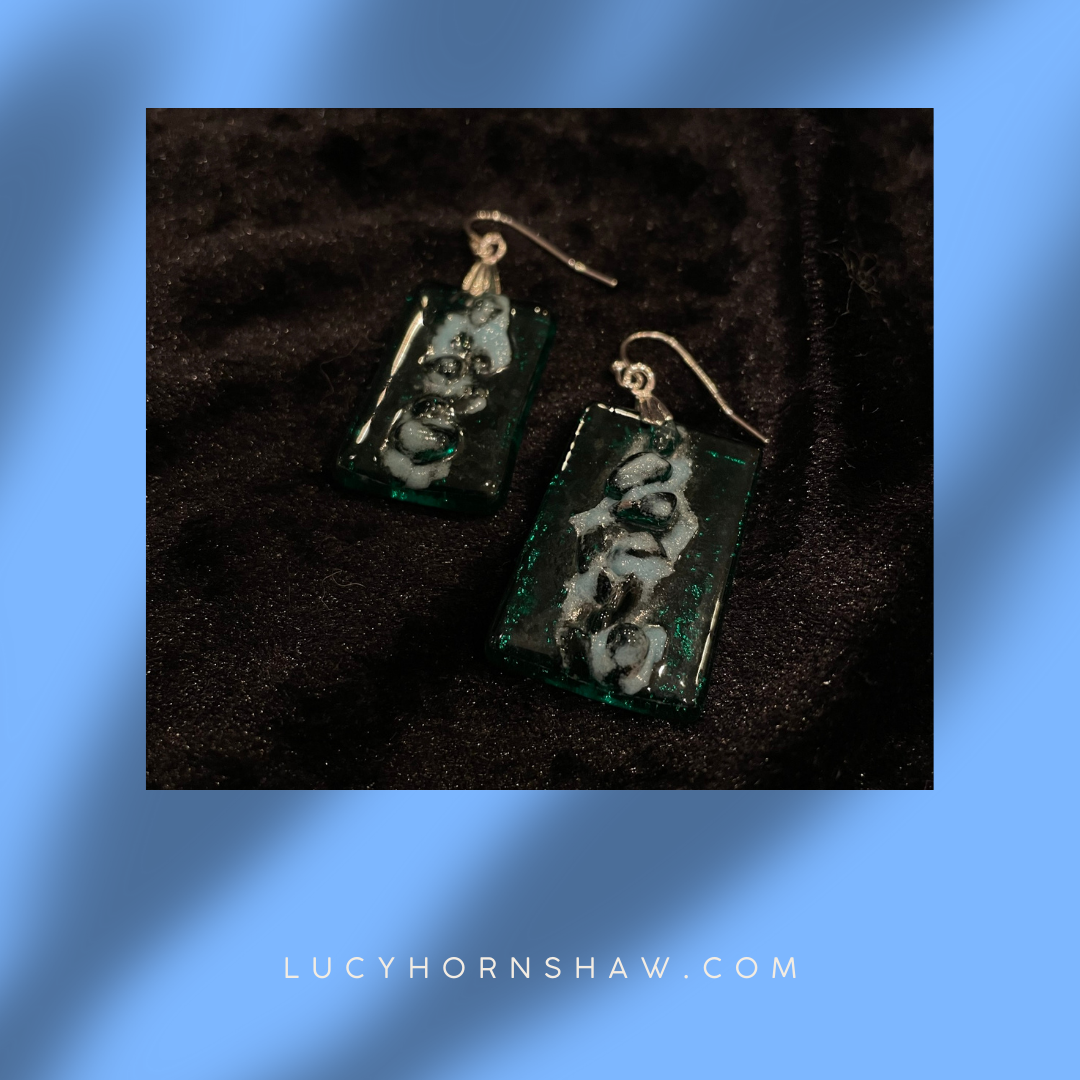 Fused green & white glass oblong earrings