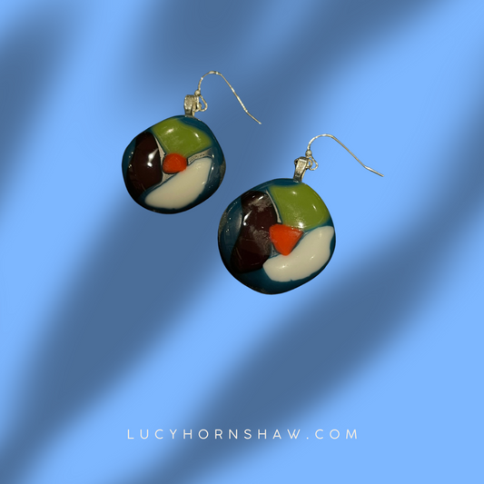 Fused orange, green, white & red glass rounded rhombus earrings