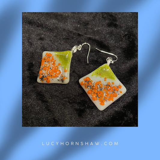 Fused orange, green & white glass rhombus earrings