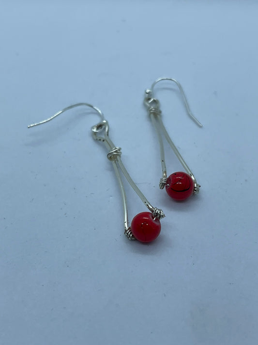 Silver & red bead & wire earrings