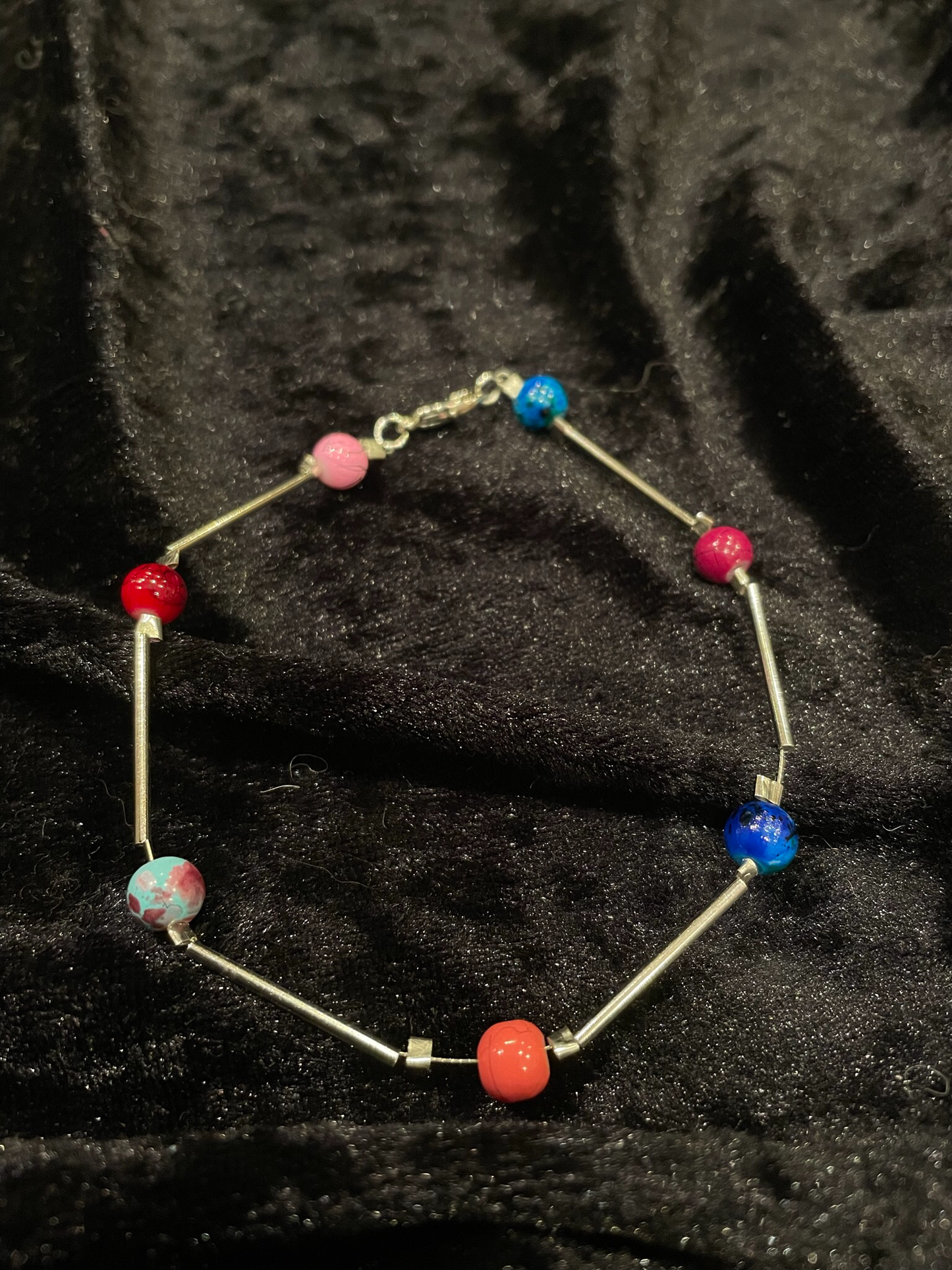Wire & multi coloured bead bracelet - pink, blue orange