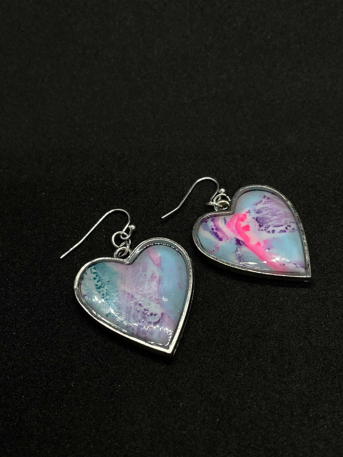 Pink & blue metallic ink heart Polymer clay earrings