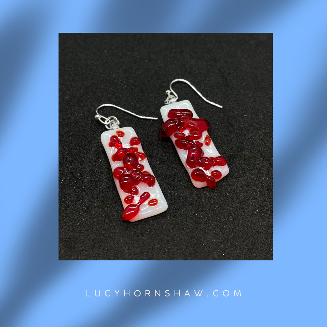 Fused red & white glass oblong earrings