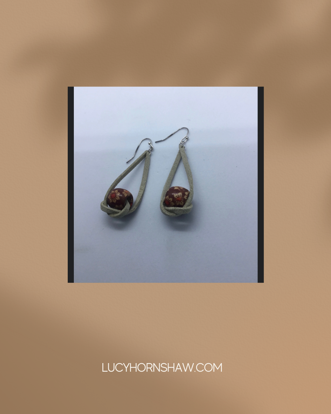 Pink & brown bead on stone leather thong earrings