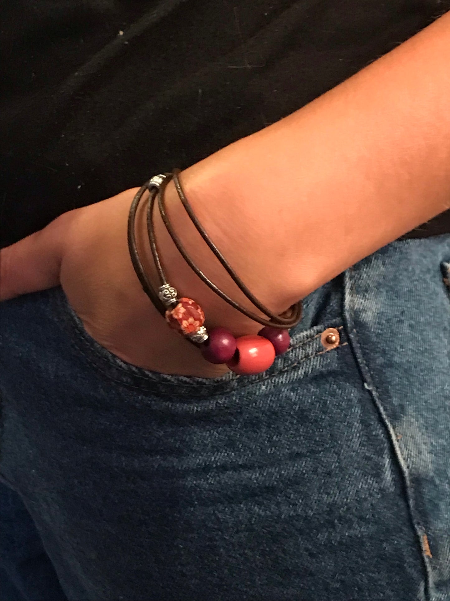 Leather & pink bead bracelet