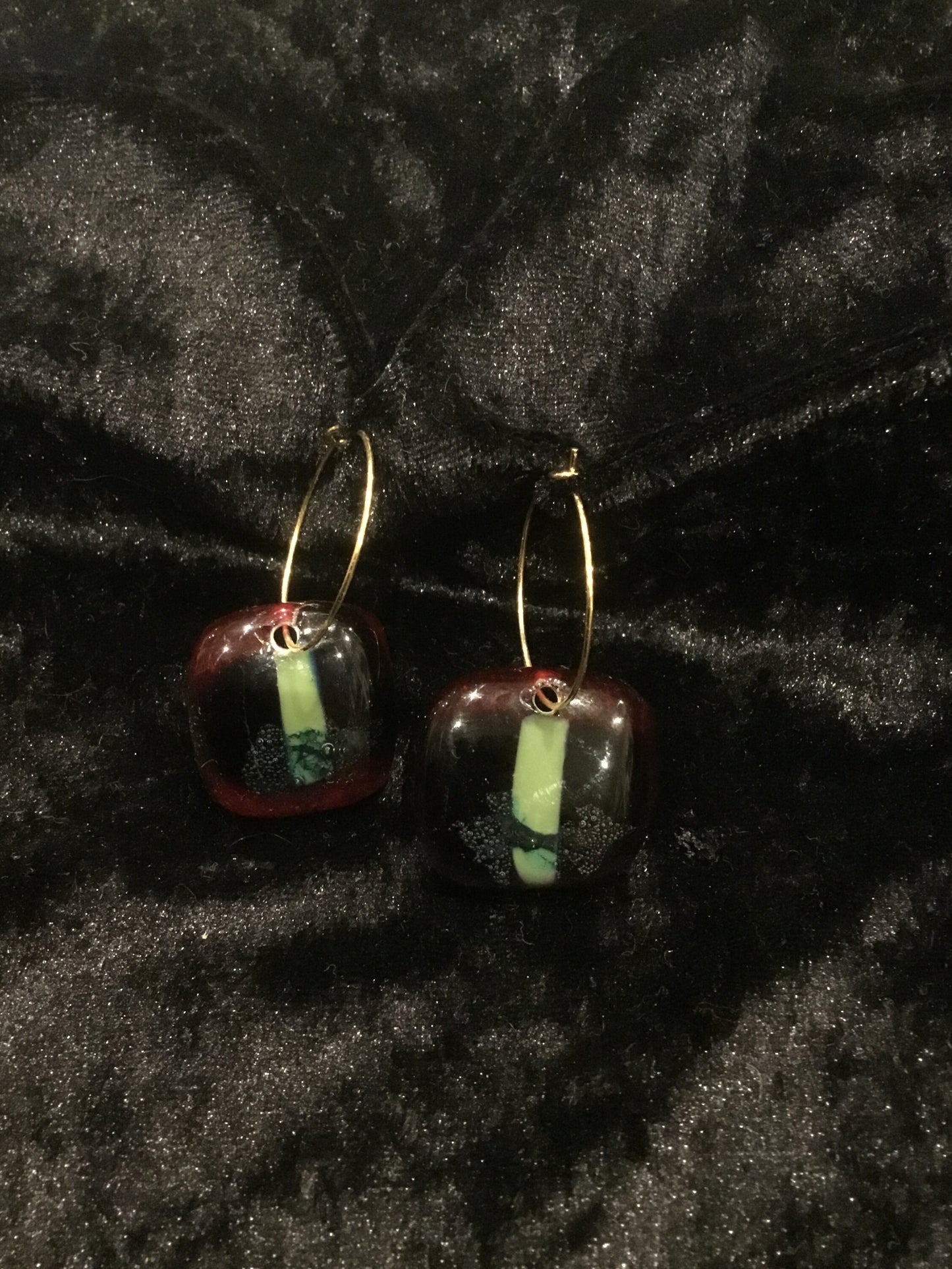 Fused green & red glass oblong earrings