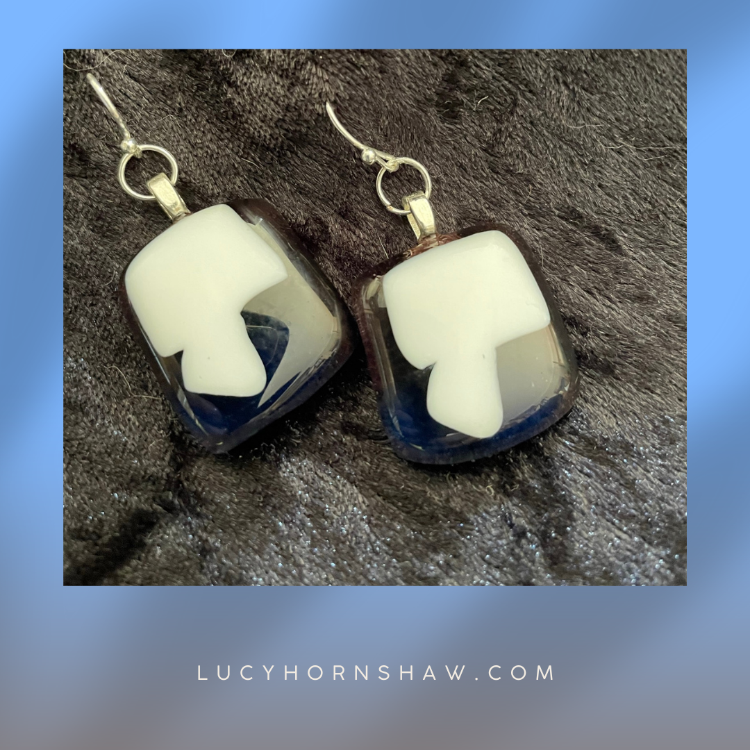 Fused blue, purple & white glass rhombus earrings