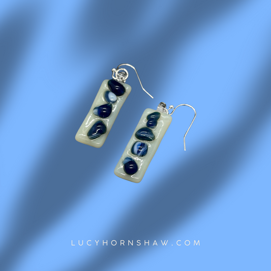 Fused blue on white glass oblong earrings