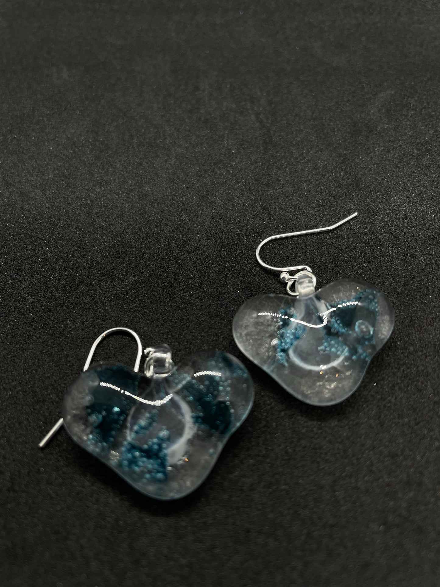 Fused clear and blue glass heart earrings