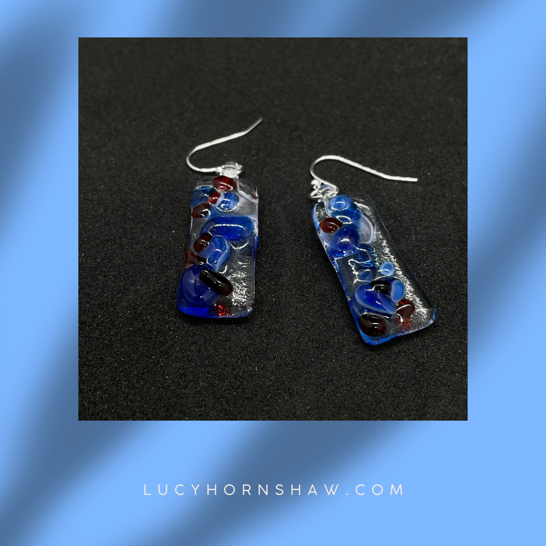 Fused clear and blue glass oblong earrings
