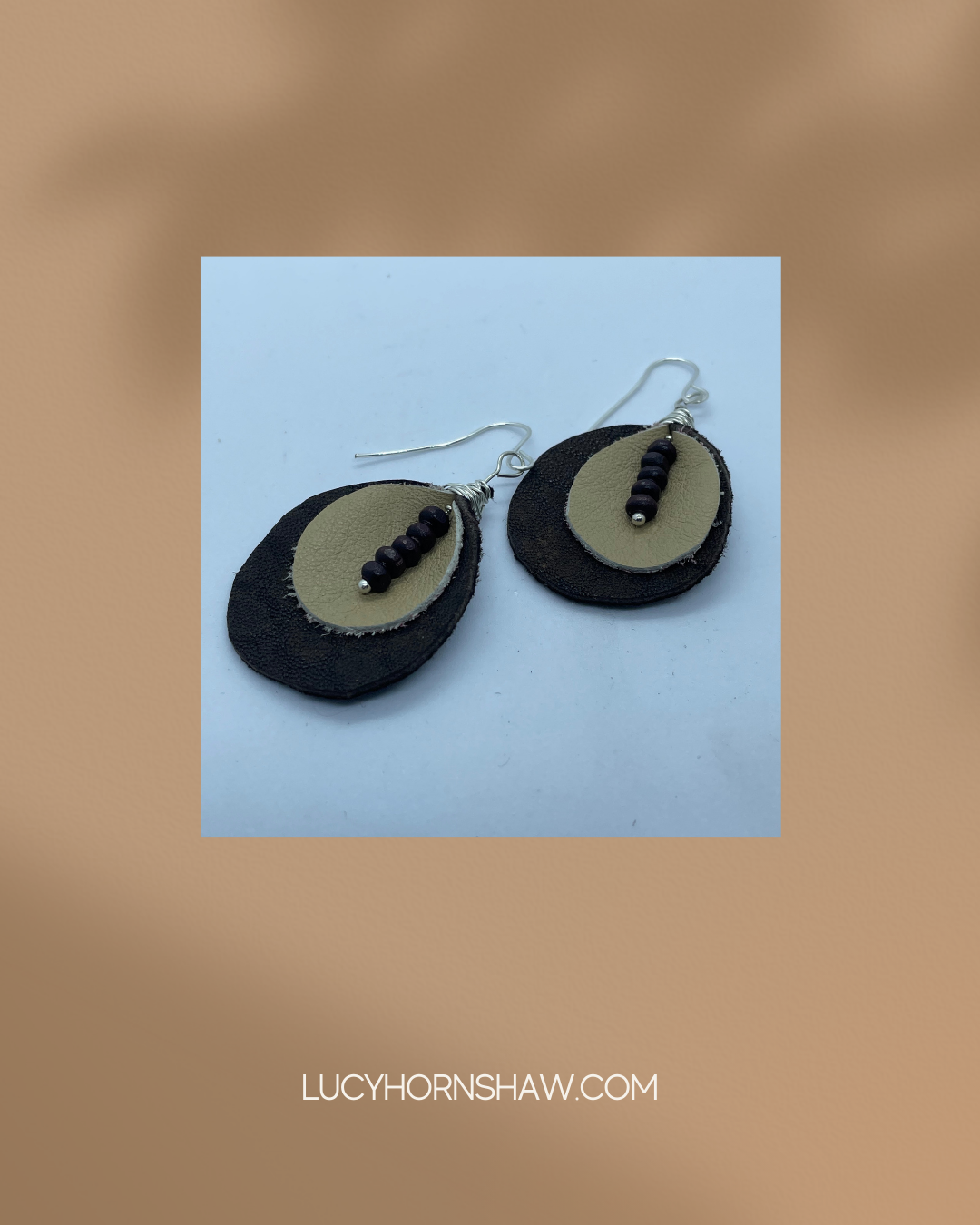 Brown & beige leather earrings with bead