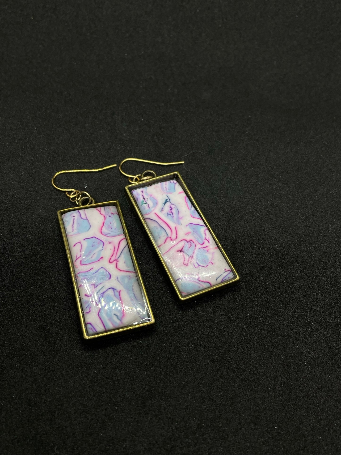 Pink & blue metallic ink oblong Polymer clay earrings