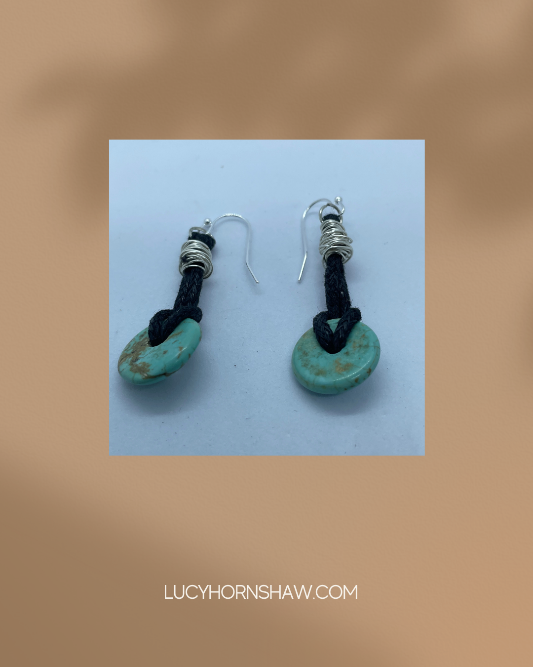 Black leather thong earrings with turquoise bead