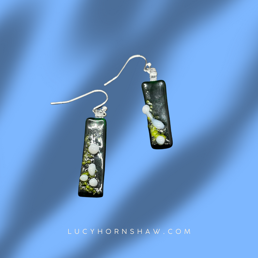 Fused green, lime and white glass oblong earrings