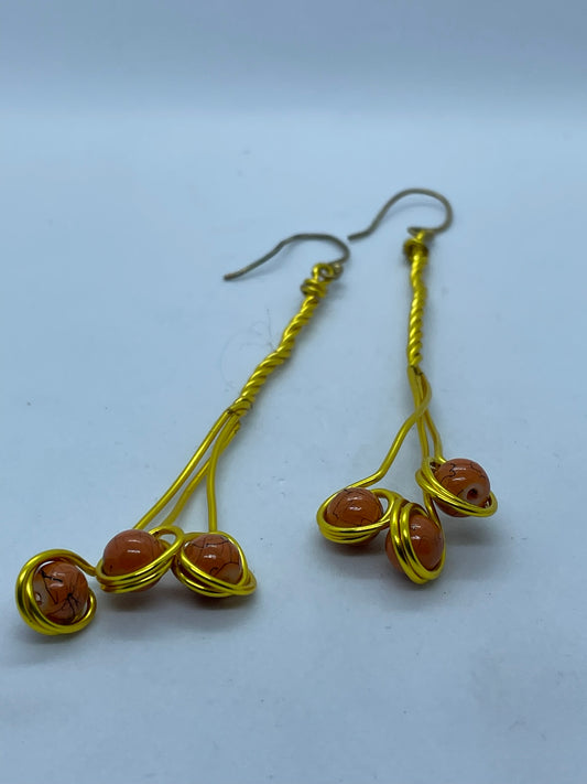 Wire & 3 orange bead earrings