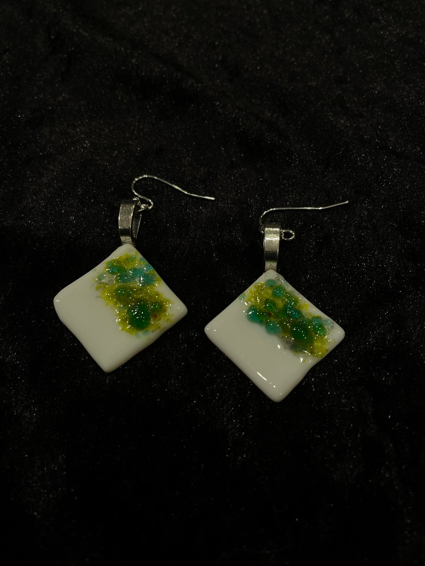 Fused lime green & white glass rhombus earrings