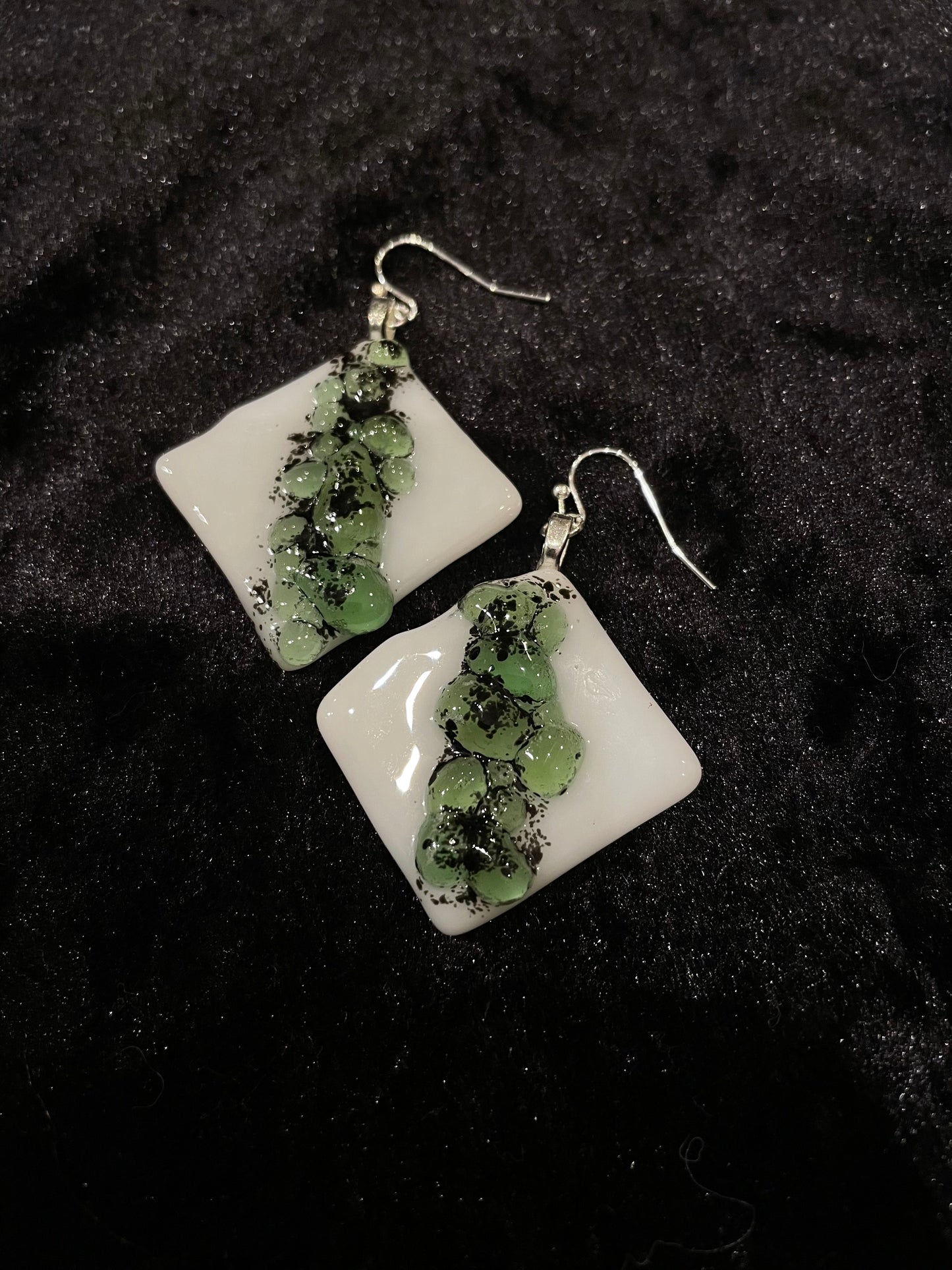 Fused lime green & white glass rhombus earrings