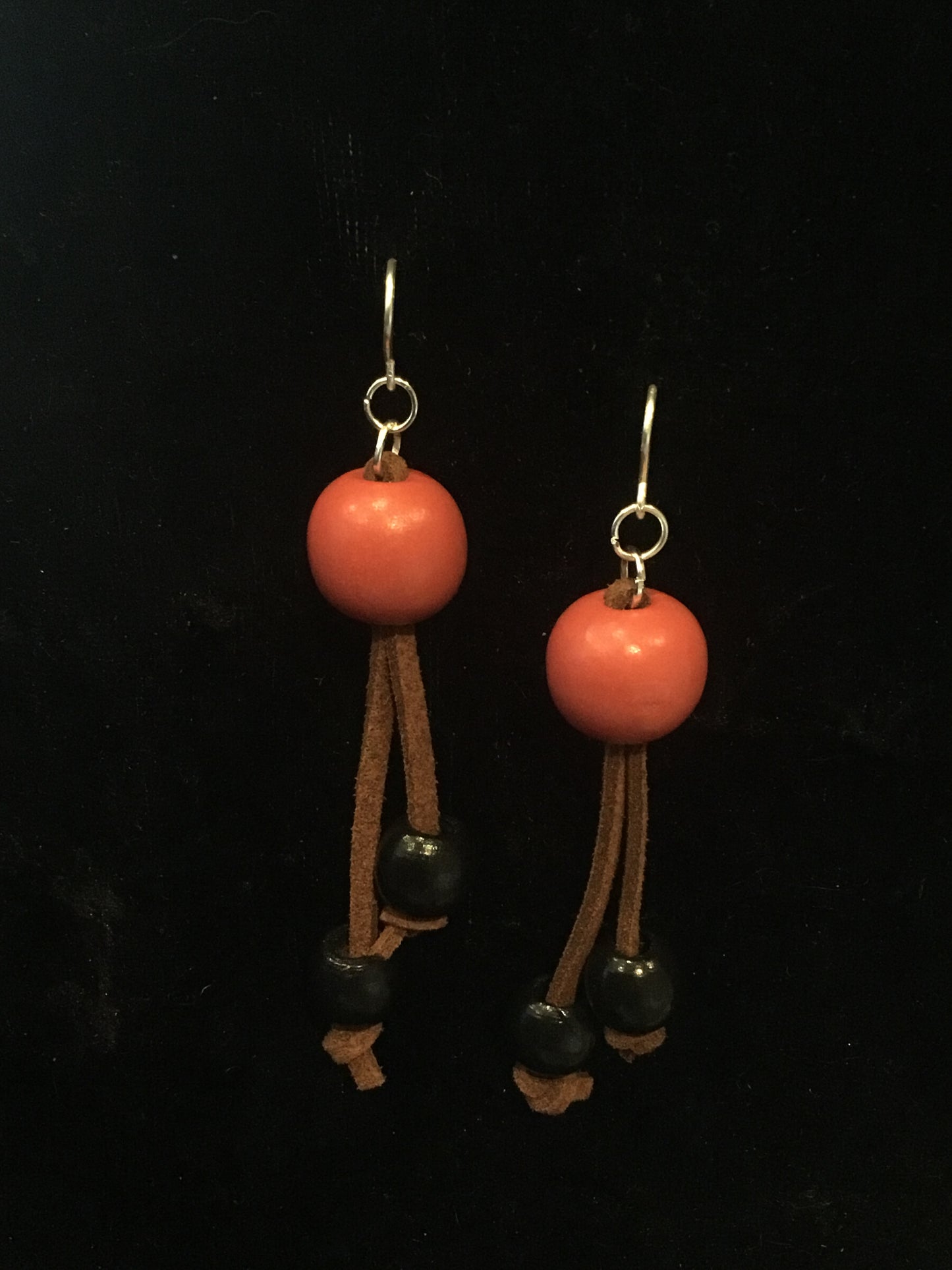 Pink & black bead on brown cord earrings