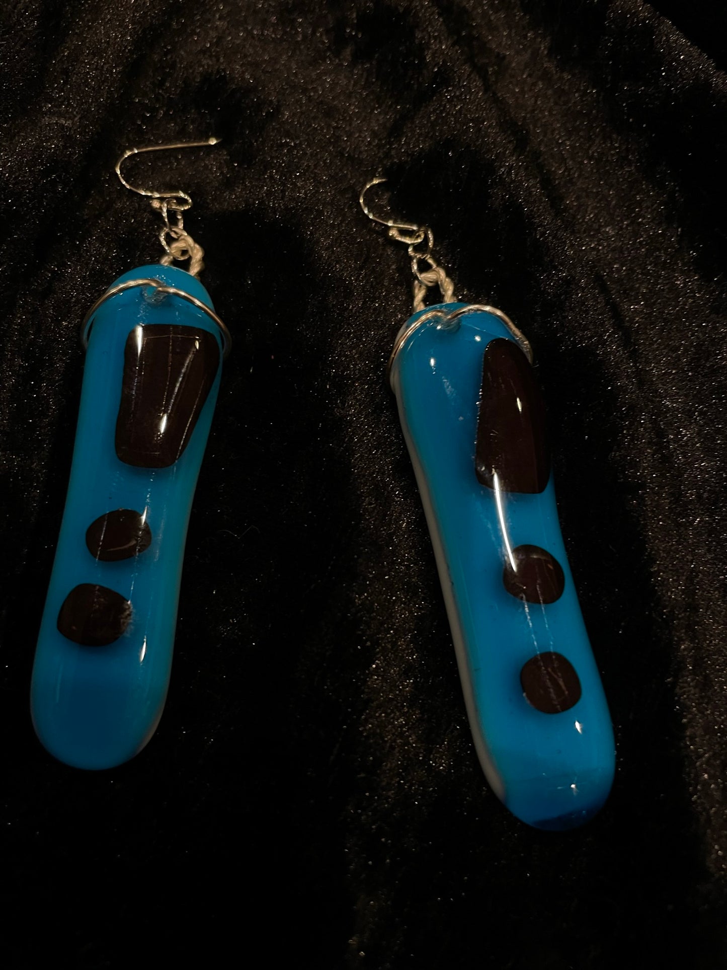 Fused turquoise & black glass oblong earrings