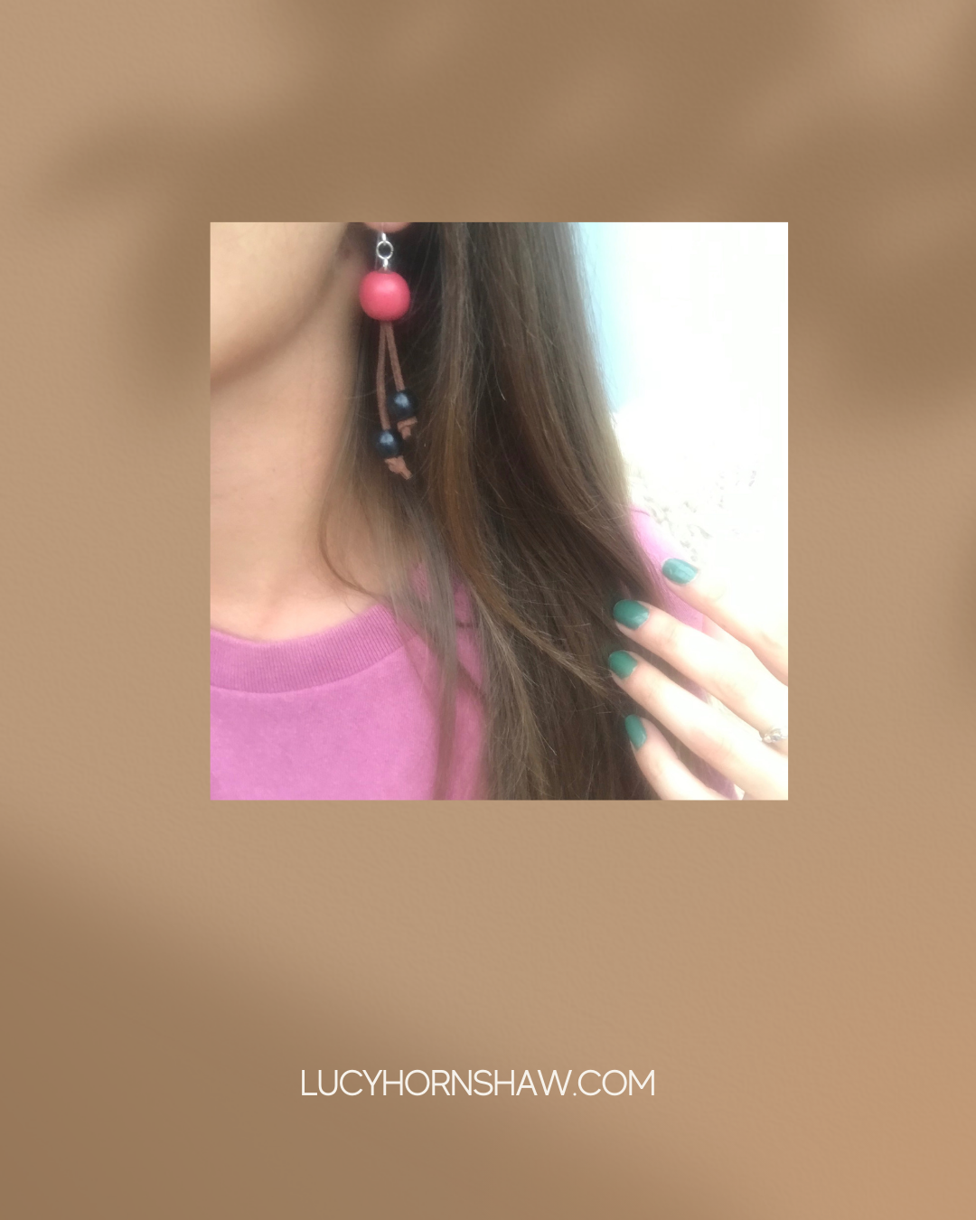 Pink & black bead on brown cord earrings