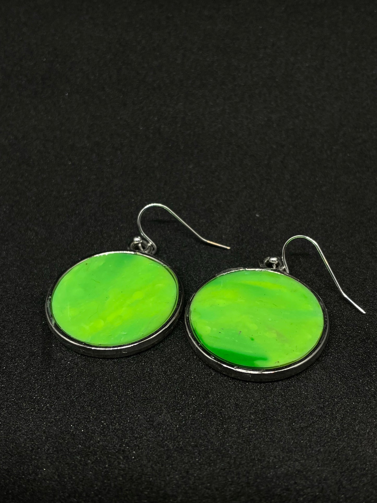 Green disc Polymer clay earrings in silver casing