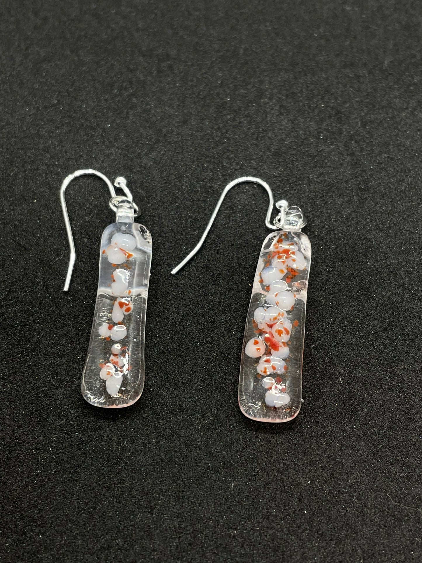 Fused clear, white and red glass oblong earrings