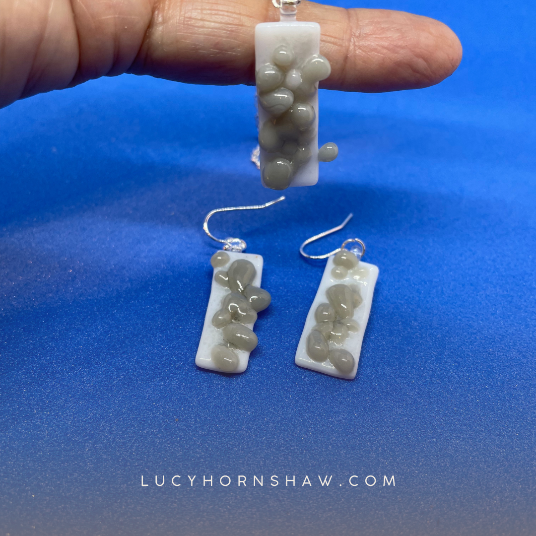 Fused grey and white glass oblong earrings