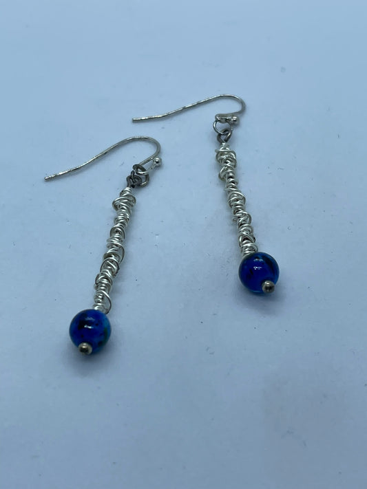 Wire & small blue bead earrings with silver twist detail