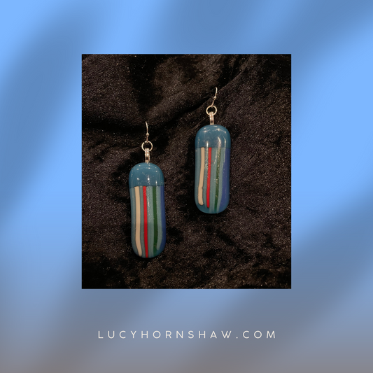 Fused blue glass with stripes oblong earrings