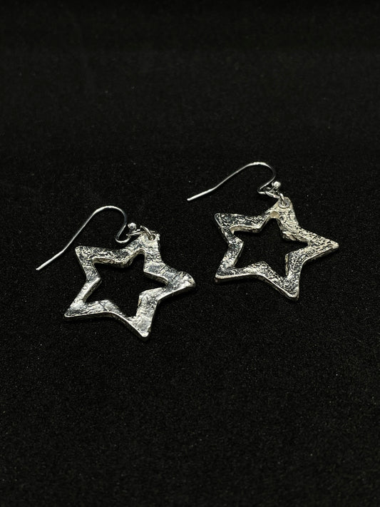 Silver large star with tin foil impressions earrings