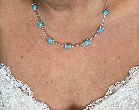 Wire & turquoise bead necklace with silver rod spacers