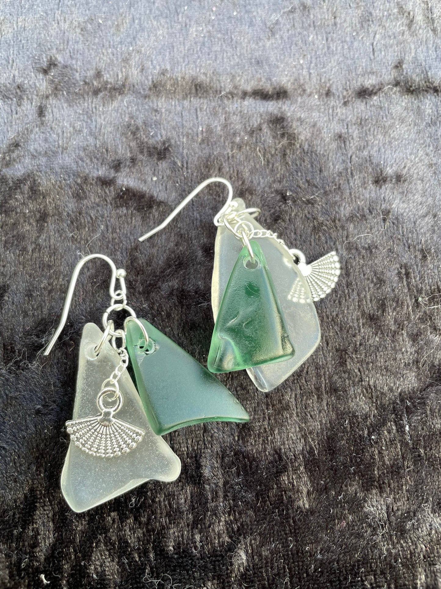 Green & white Seaglass drop earrings with fan