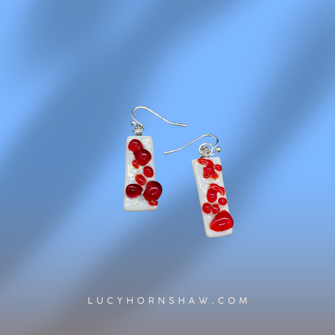Fused red and white glass oblong earrings